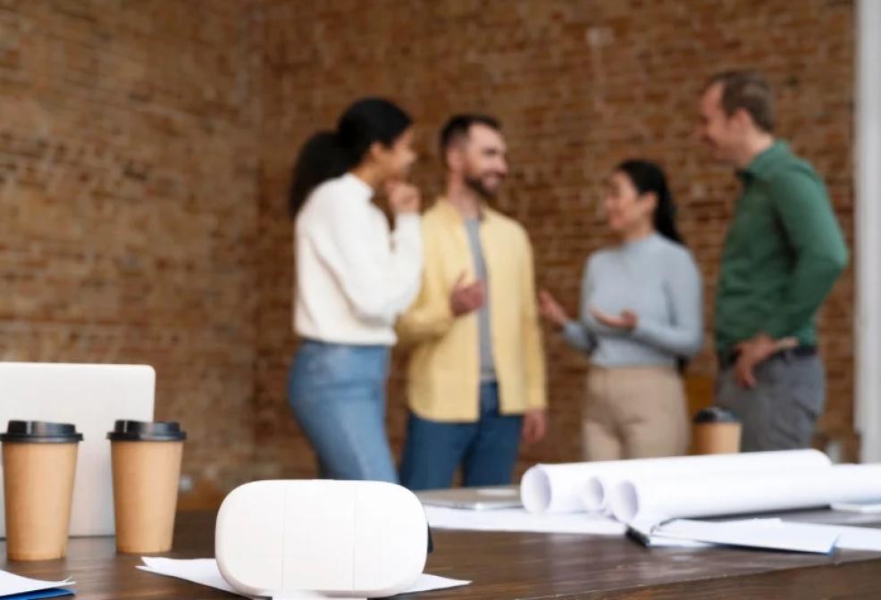 Equipo de trabajo conversando en un entorno colaborativo durante una reunión informal en la oficina